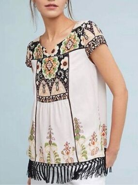 Vanessa Virginia for‎ Anthropologie floral eyelet fringe boho tunic blouse small